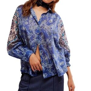 NWT Free People Small Blue Paisley Button Long Sleeve Top
